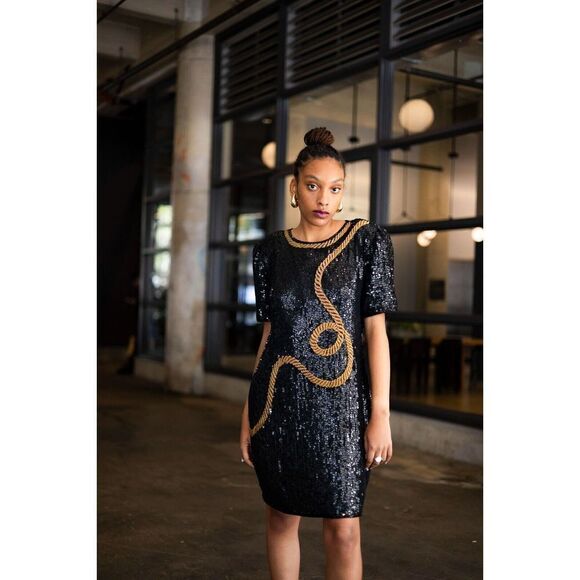 Patra Dress Vintage Size M/L Black Gold‎ Rope Sequin Beaded Cocktail Party - Picture 5 of 14